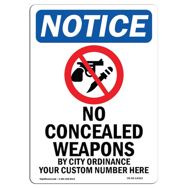 Sign, 5" H, 3.5" W, No Concealed Weapons Sign, Portrait, NS-D-35-V-14462-10PK